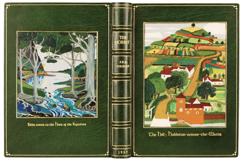 Chelsea Bindery rebinding of The Hobbit in full green morocco with decorative onlays inspired by Tolkien's artwork.