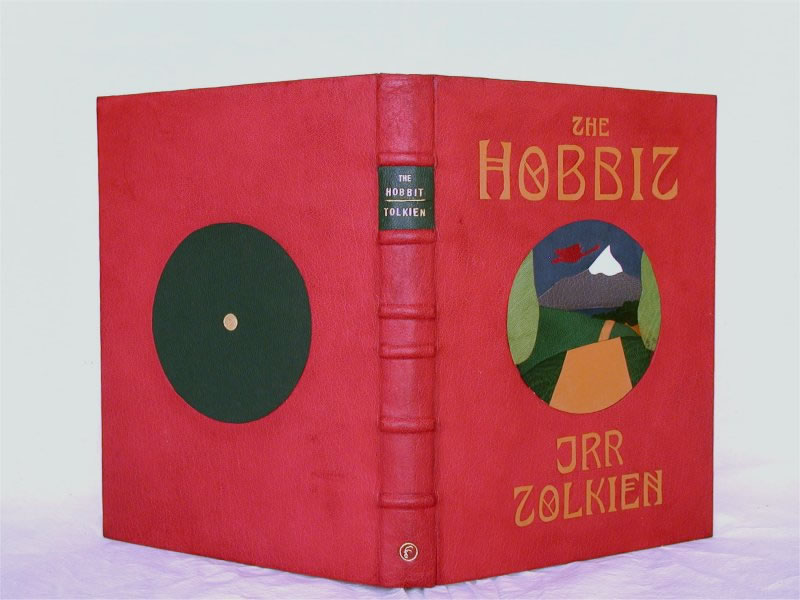 The Evilrooster Bindery Hobbit with a round door design showing Bilbo's view towards the Lonely Mountain.