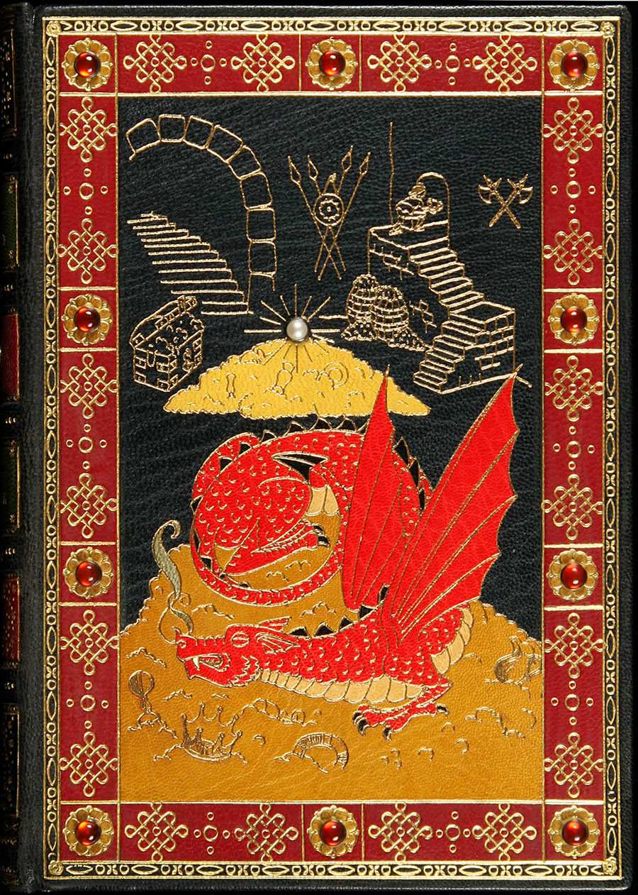 Front cover of The Hobbit in a lavish Sangorski and Sutcliffe Zaehnsdorf binding with dragon and jewelled decoration.