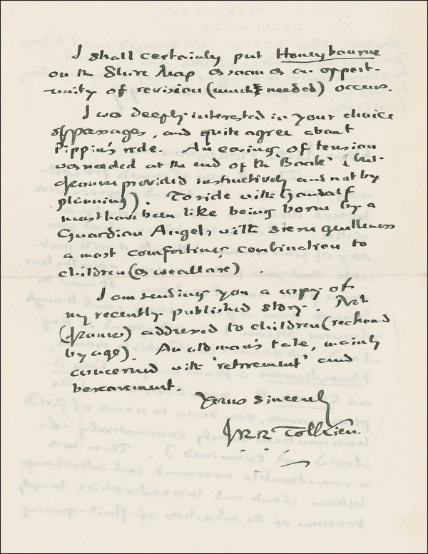 R&R's October auction includes a rare, handwritten Tolkien letter discussing Honeybourne, Pippin's ride with Gandalf, and Smith of Wootton Major